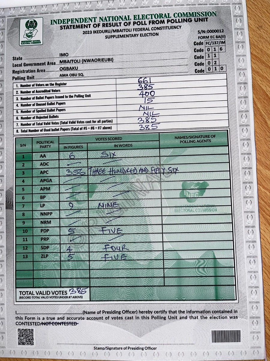 Result sheet for Ama Obu Square