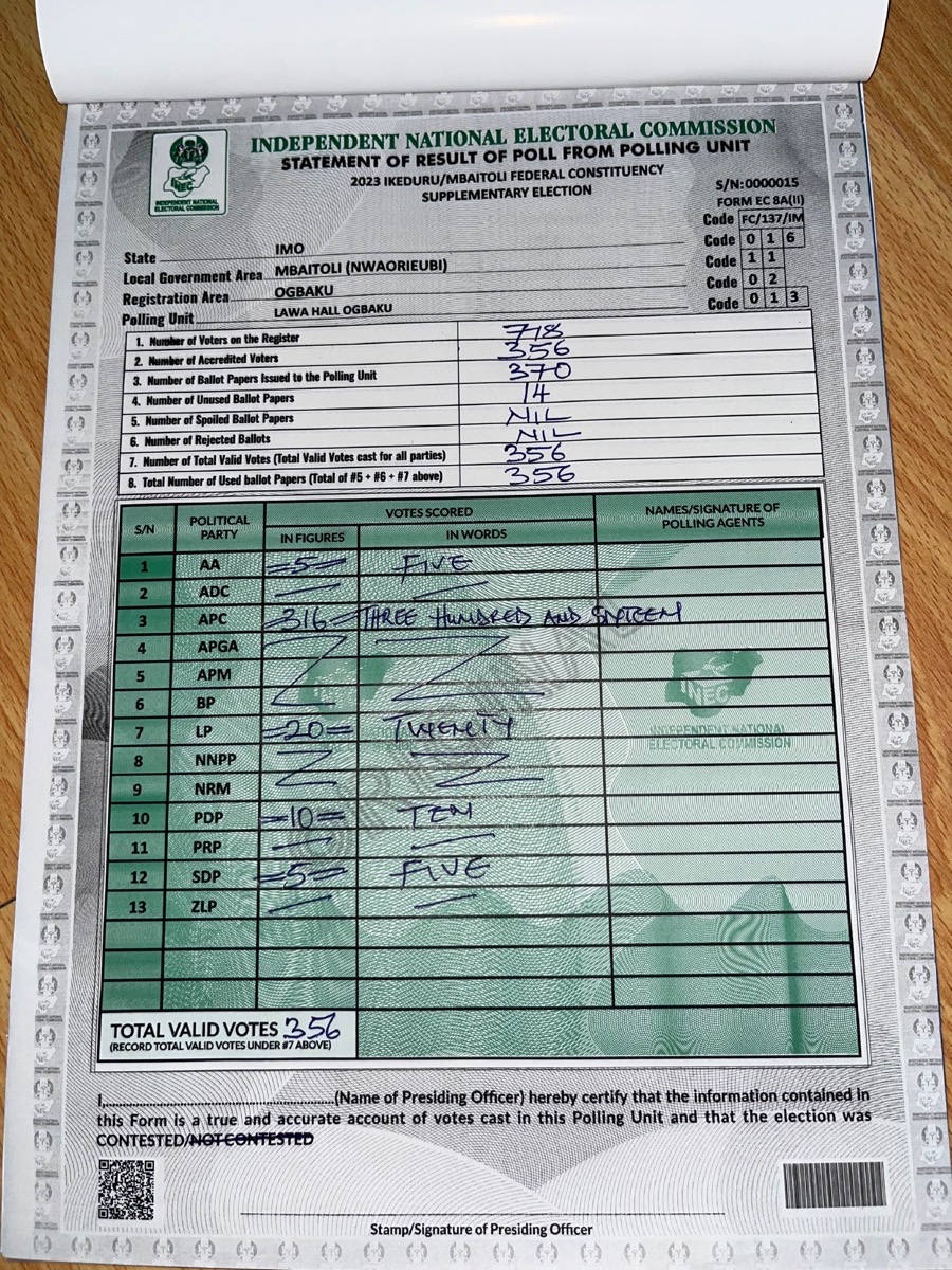 Result sheet for Lawa Hall Ogbaku