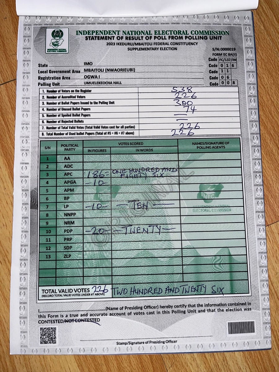 Result sheet for Umuelekeocha Hall