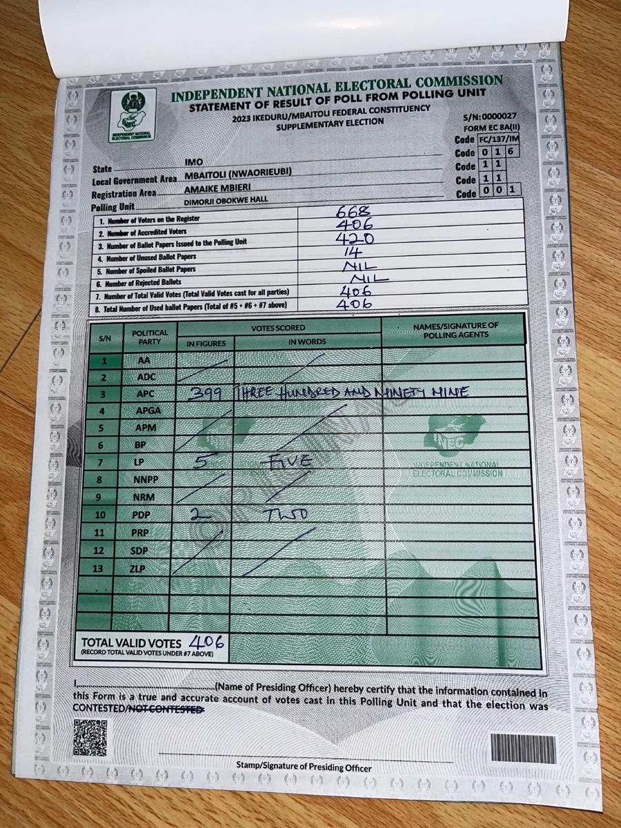 Result sheet for Dimorji Obokwe Hall