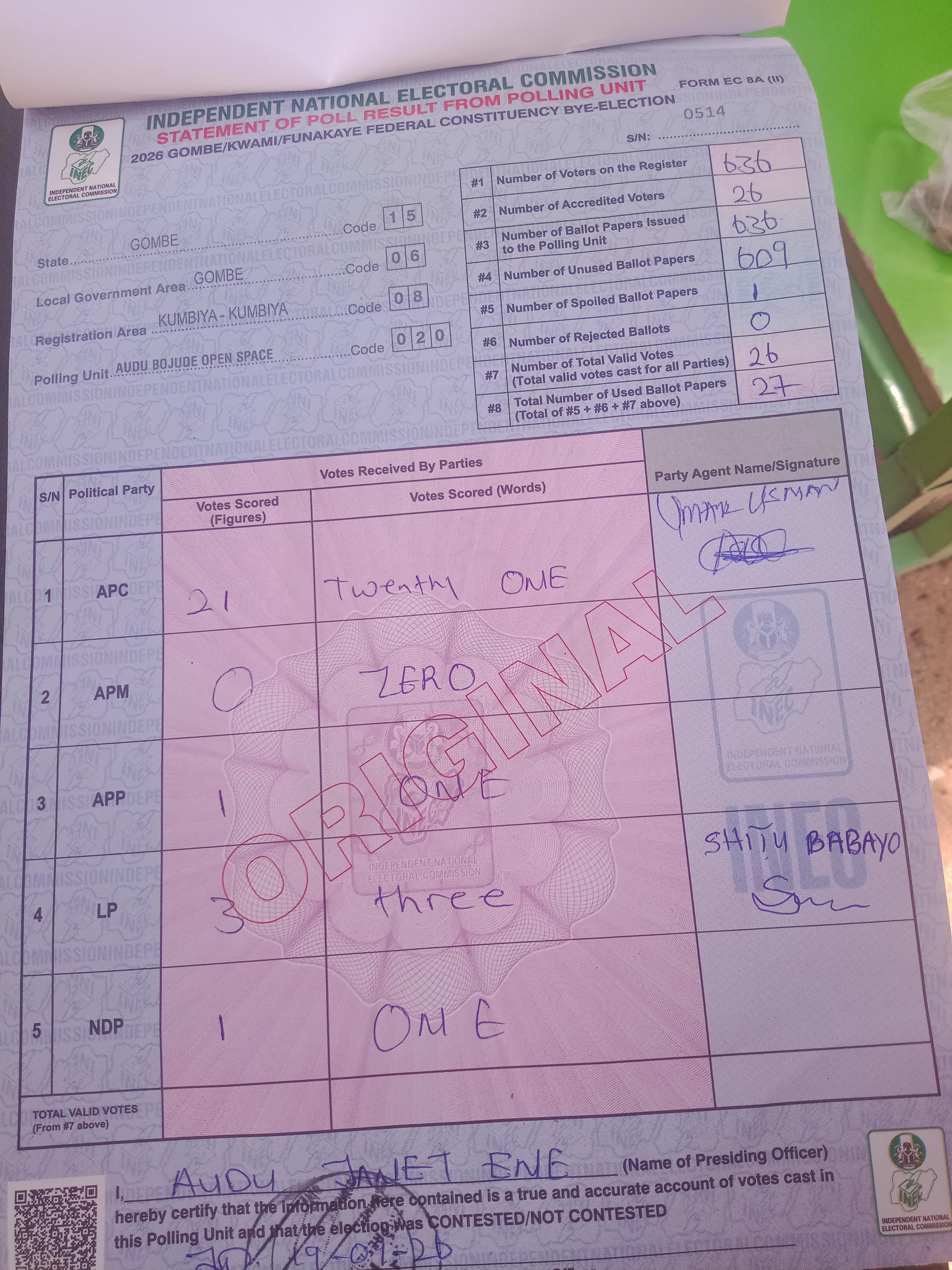 Figure 4a. Image listed under polling unit 002, but printed for unit 020.