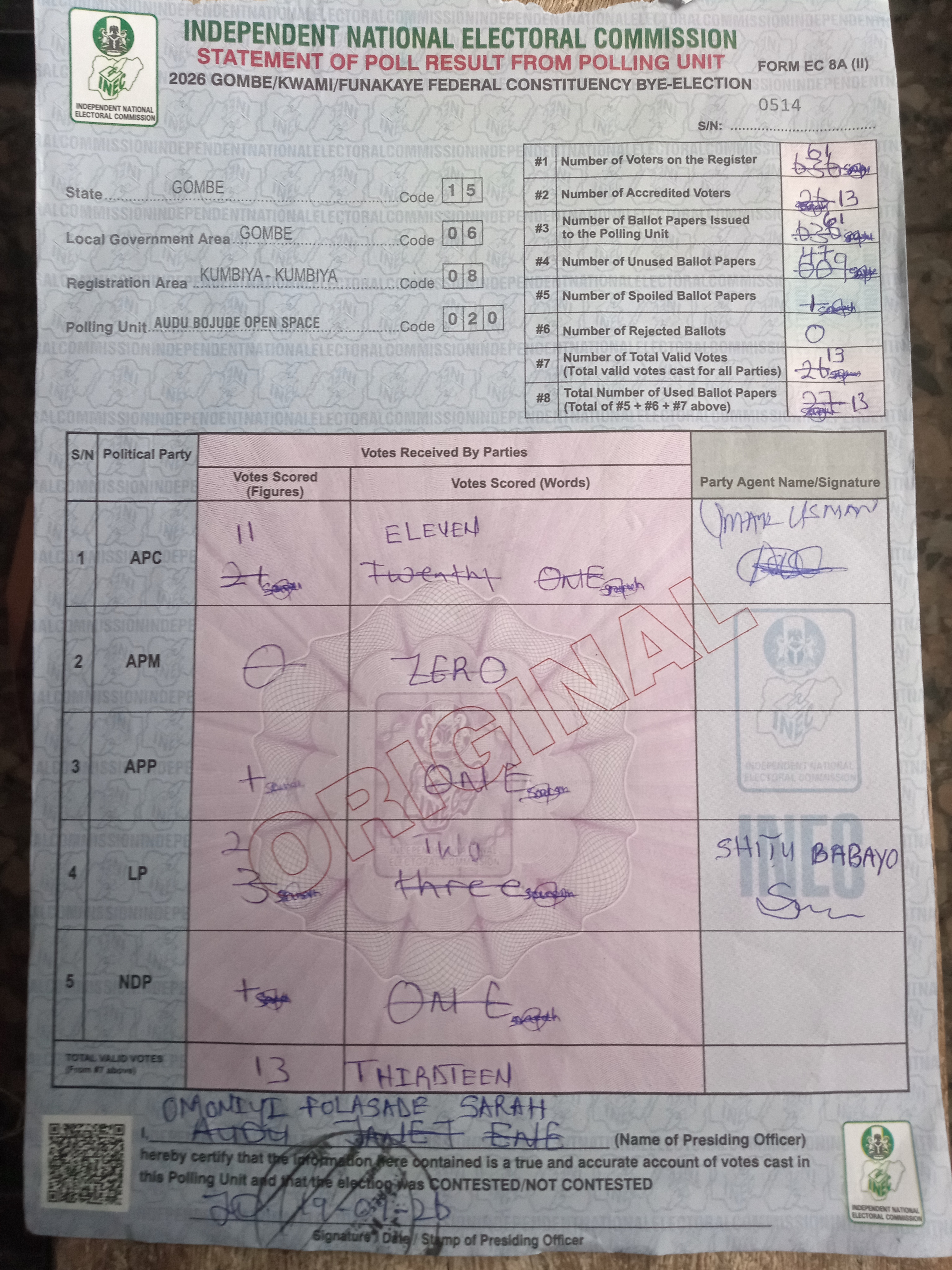 Figure 4b. Image listed under polling unit 020, with revised entries on form 0514.